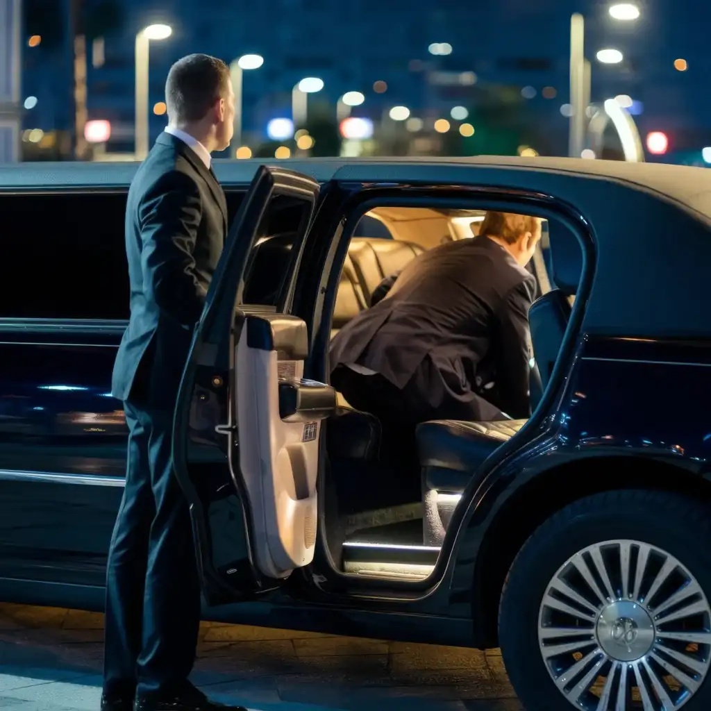 A chauffeur in a dark suit holds the rear door of a black car open as a passenger steps in at night